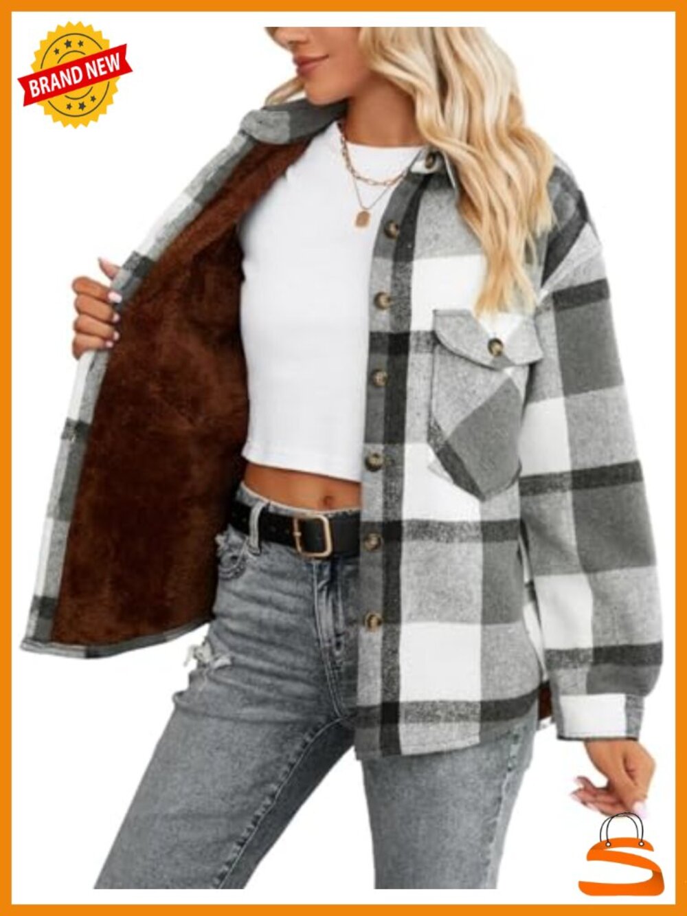 Women's Sherpa Lined Plaid Flannel Shacket Button Down Loose Fit